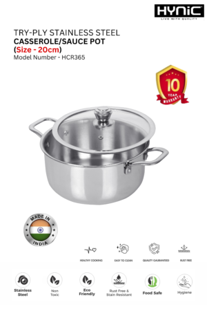 TRI-PLY STAINLESS STEEL CASSEROLE AND SAUCE POT WITH GLASS LID 20″ (HCR365)
