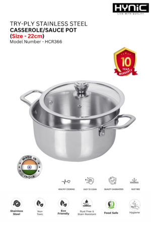 TRI-PLY STAINLESS STEEL CASSEROLE AND SAUCE POT WITH GLASS LID 22″ (HCR366)