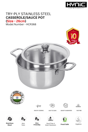 TRI-PLY STAINLESS STEEL CASSEROLE AND SAUCE POT WITH GLASS LID 26″ (HCR368)