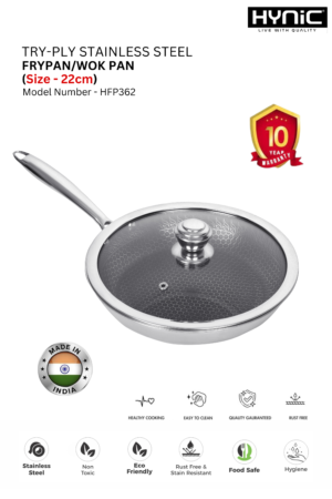 TRI-PLY STAINLESS STEEL HONEYCOMB FRY PAN WITH STEEL LID 22″ (HFP362)