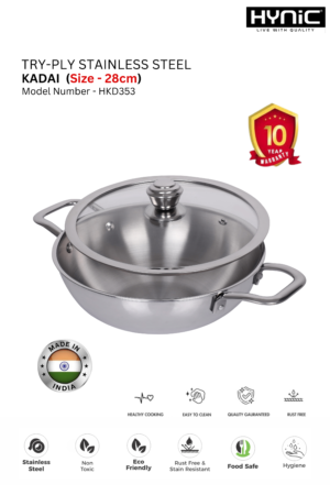 TRI-PLY STAINLESS STEEL KADAI WITH STEEL LID 28" (HKD353)