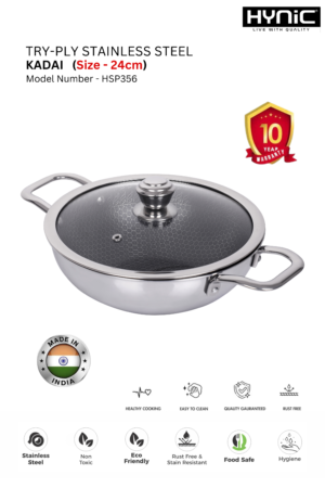 TRI-PLY STAINLESS STEEL HONEYCOMB KADAI WITH STEEL LID 24″ (HKD356)